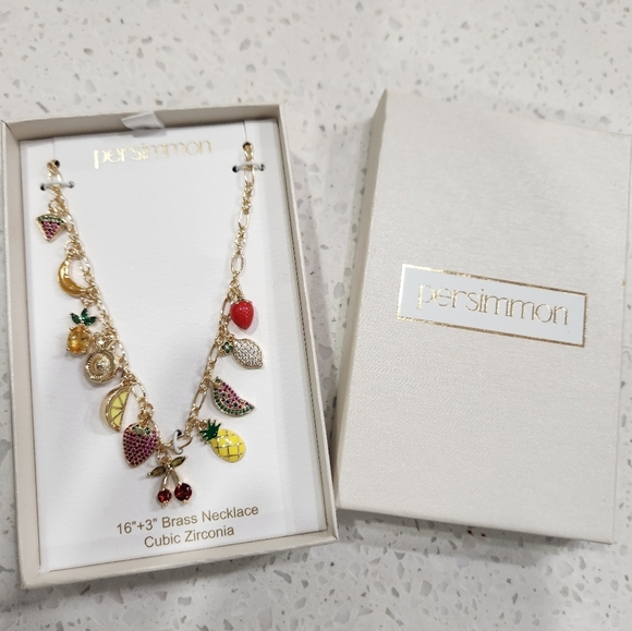 🍒🔹️ Persimmon🔹️ Gold Tone Charm 16" Necklace with Colorful Fruit Accents - Picture 3 of 7